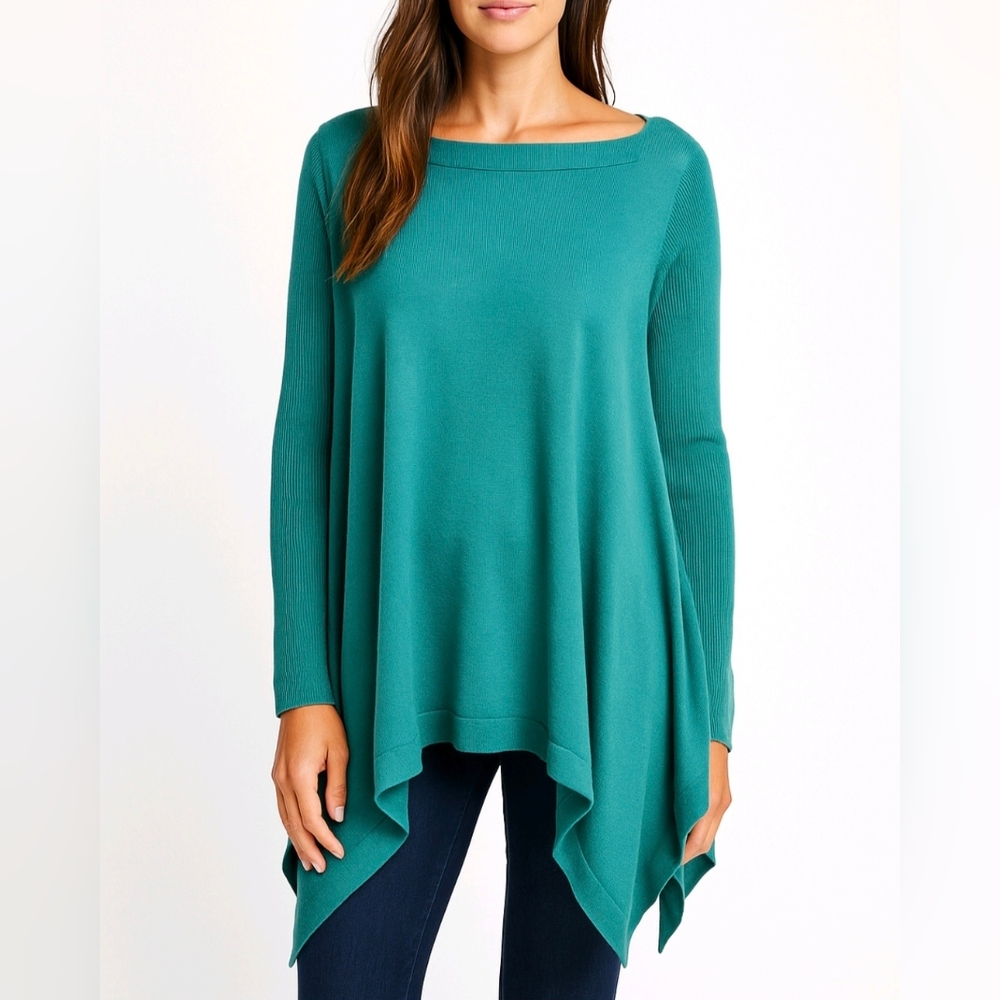 ST. JOHN Sweater Turquoise 100% Wool Long Sleeve Asymmetrical Hem Size P